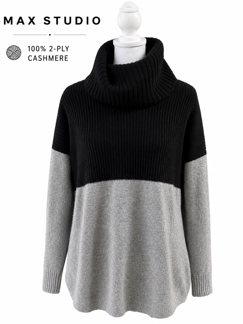 Max Studio Black and Gray Colorblock Cashmere Turtleneck Sweater